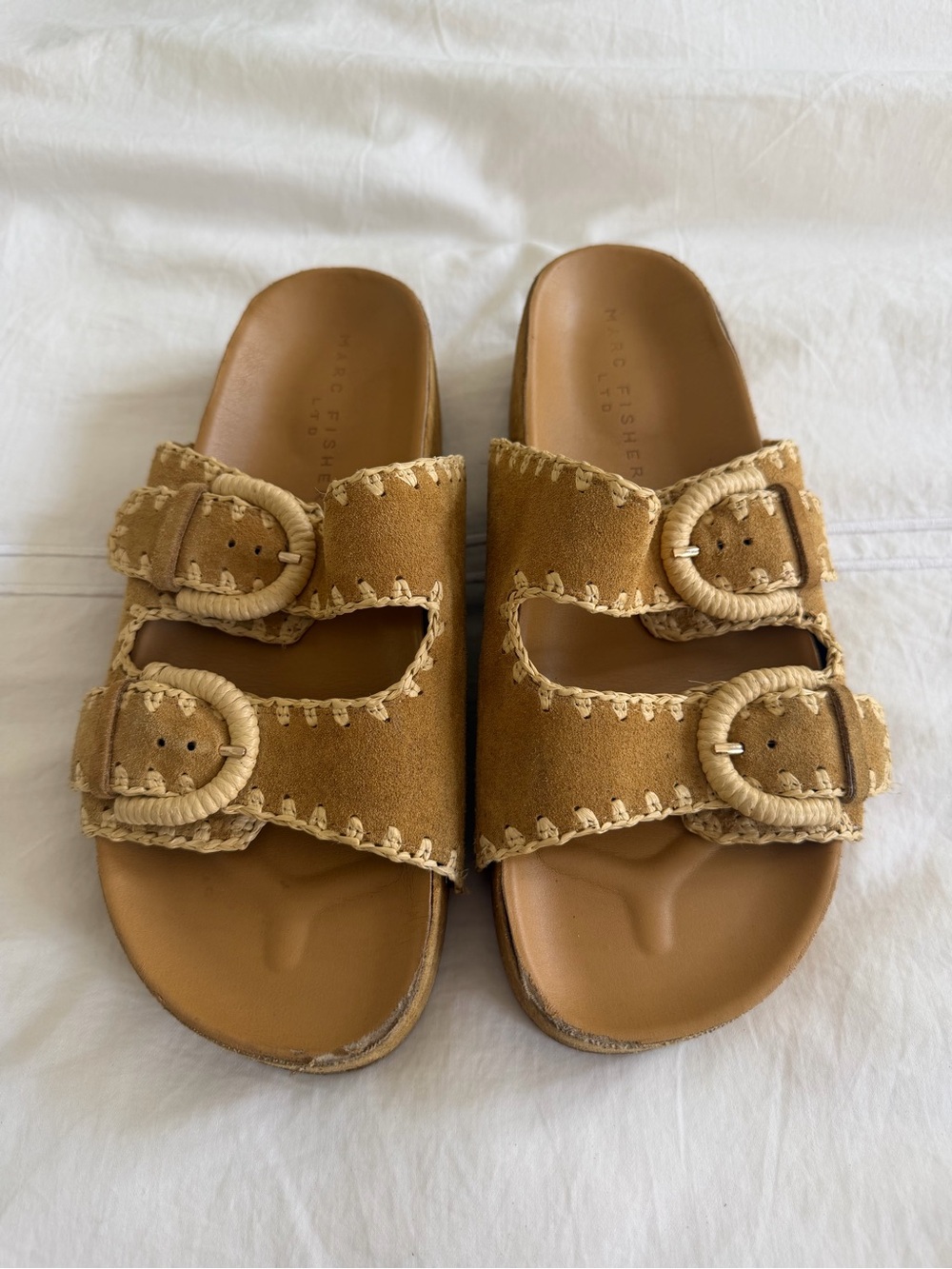Marc Fisher Tan Suede Double-Buckle Slide Sandals
